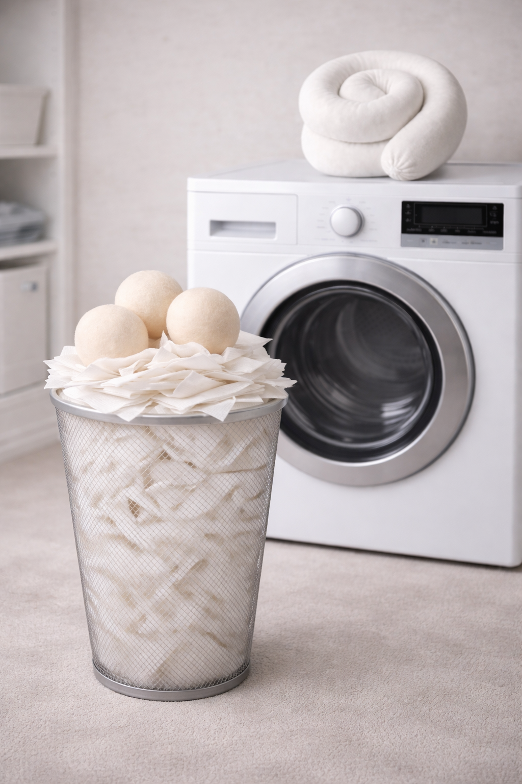 Eva Magic Dryer Tube reusable laundry accessory placed on a dryer next to a trash can full of used dryer sheets and wool dryer balls.