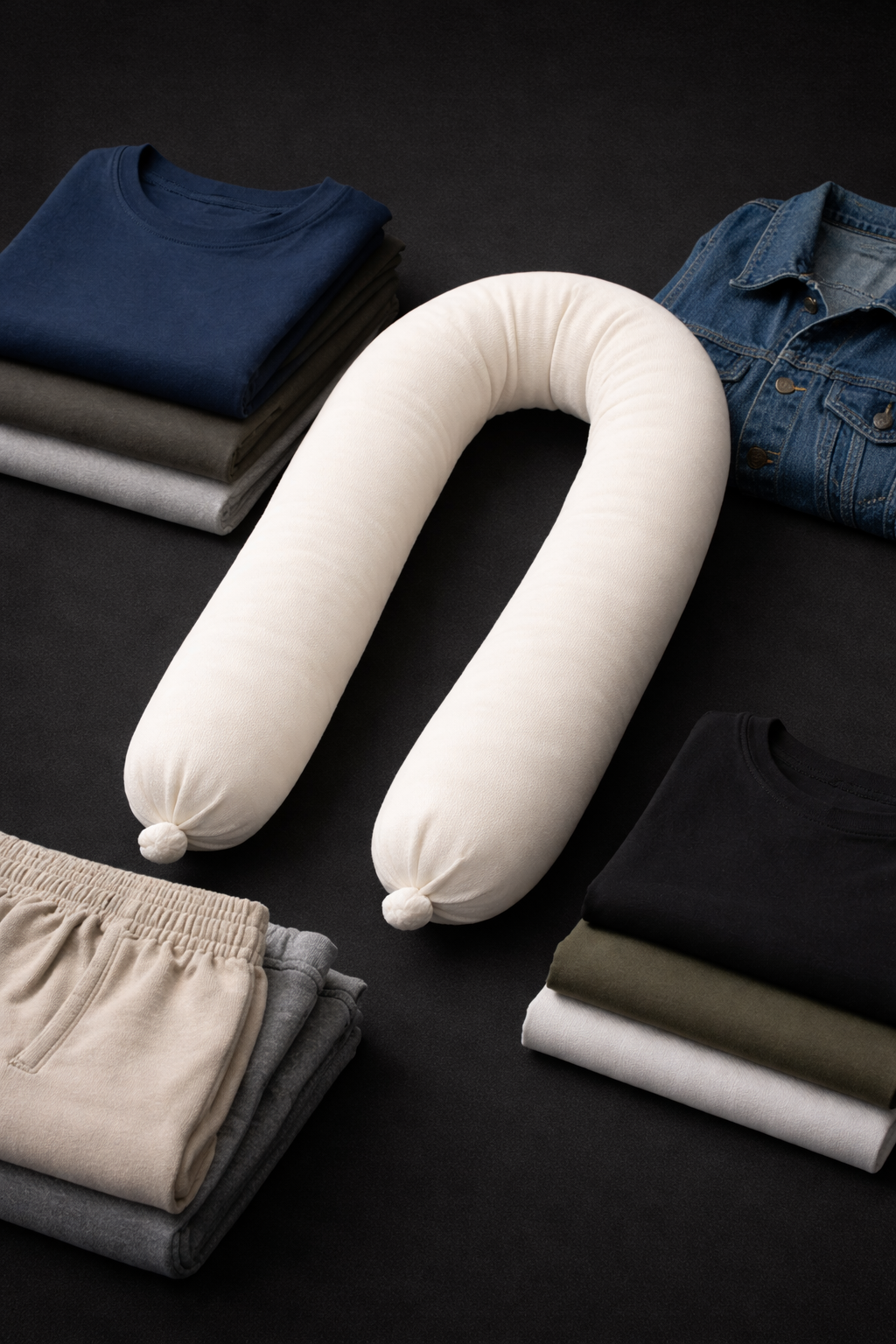 Eva Magic reusable dryer tube placed on a dark background surrounded by folded clothes, designed to reduce drying time, static, and wrinkles in the laundry dryer.